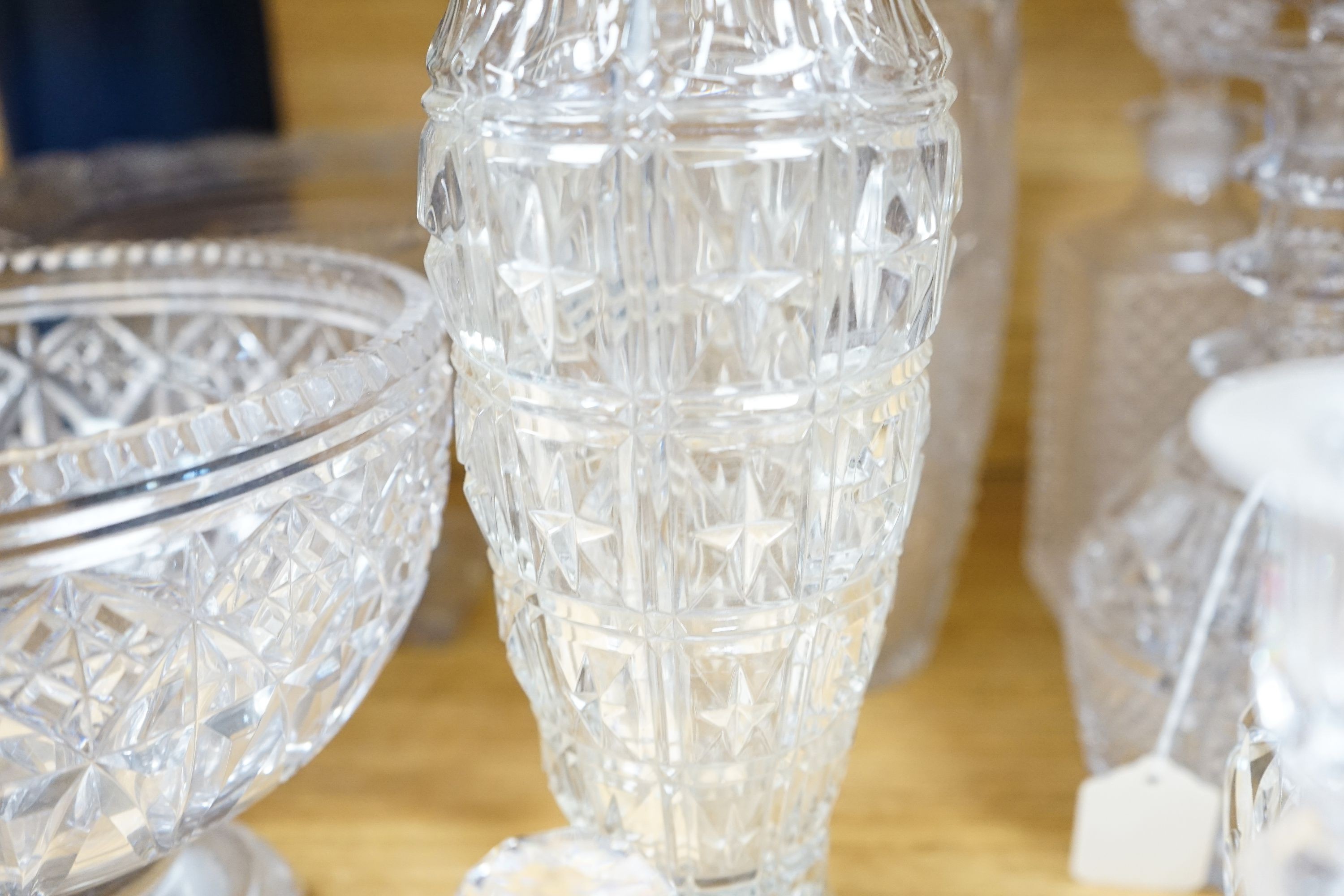 A cut crystal circular pedestal bowl, 30cm diameter another similar bowl and sundry glassware